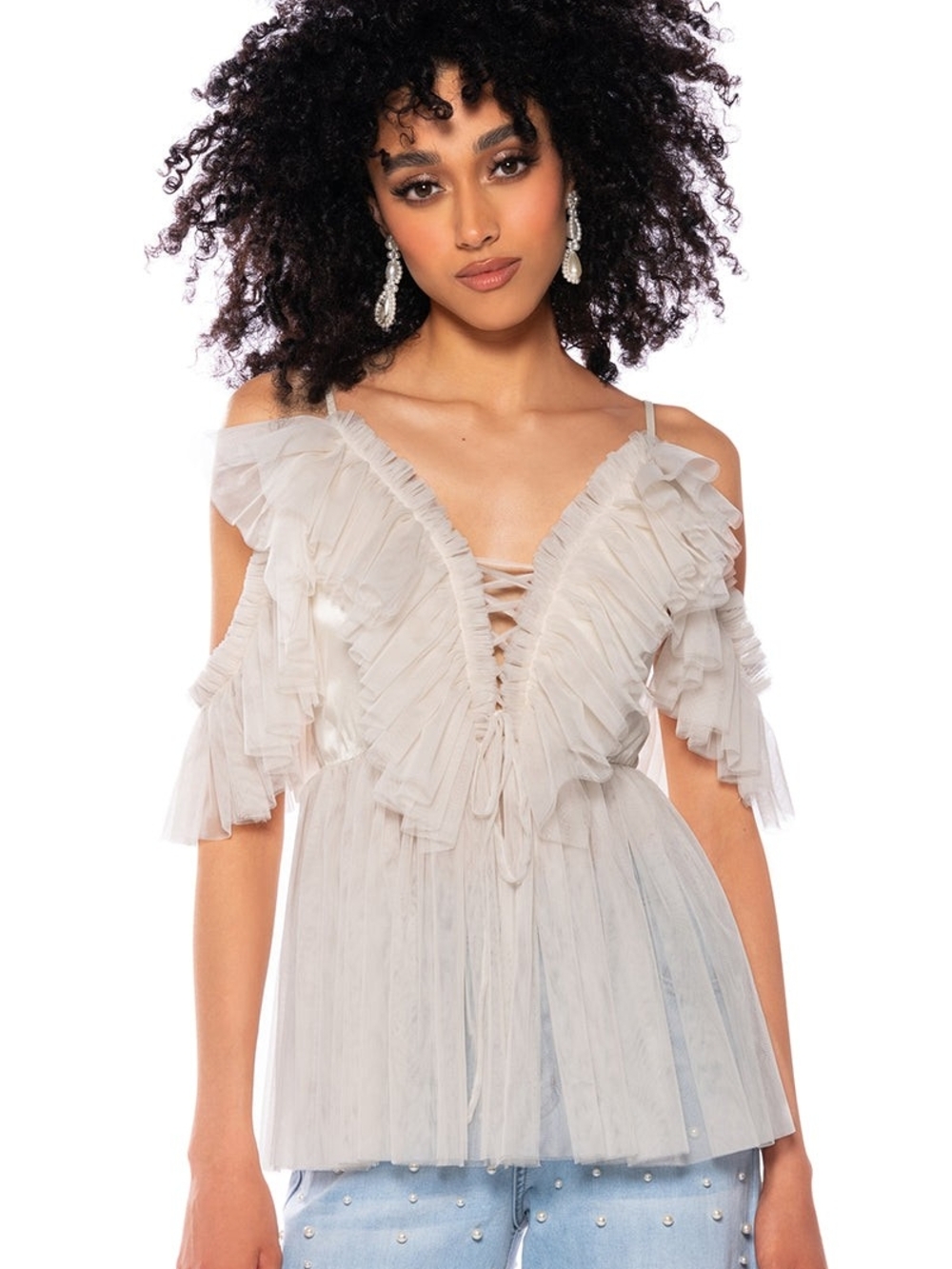 AKIRA "Once Upon A Dream" Ruffle Cold-Shoulder Tulle Blouse Size L Sheer Bottom